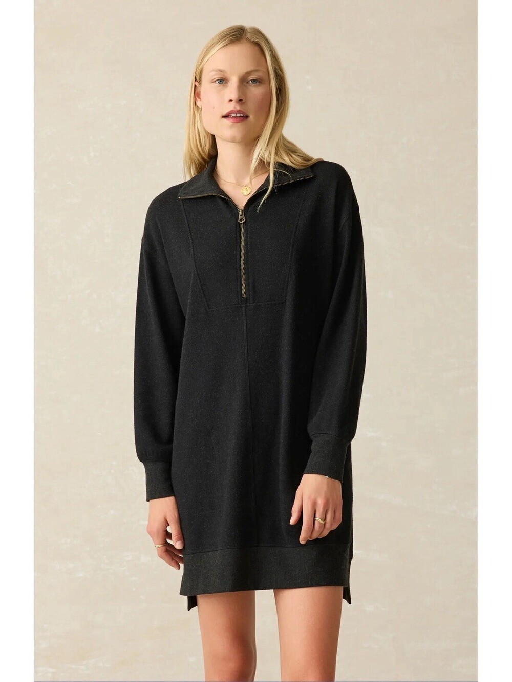Faherty Legend Quarter Zip Dress Black Heathered Organic Cotton Size L